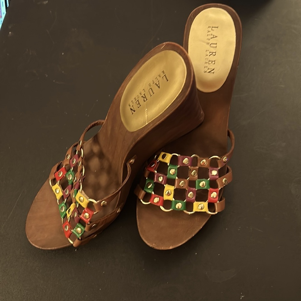 Ralph Lauren Woman’s Sz 9m Woven multicolor slip-on Wood Wedge shoes NWOT